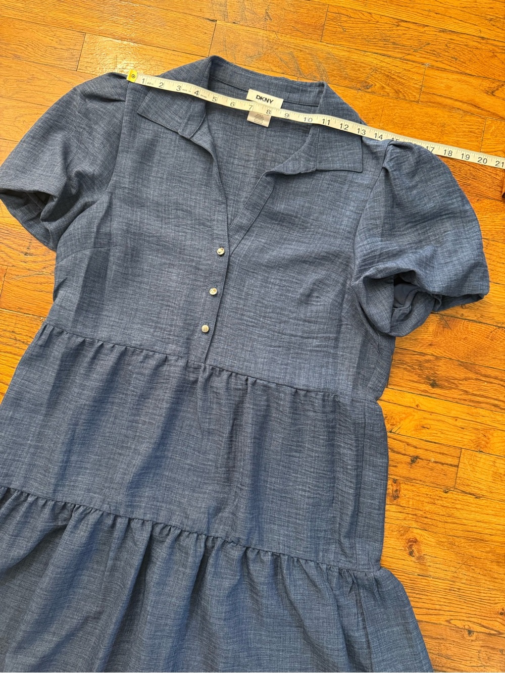 DKNY Indigo Blue Tiered Mini Shirt Dress Puff Sleeve Collared A-Line Size 8 - Picture 7 of 12